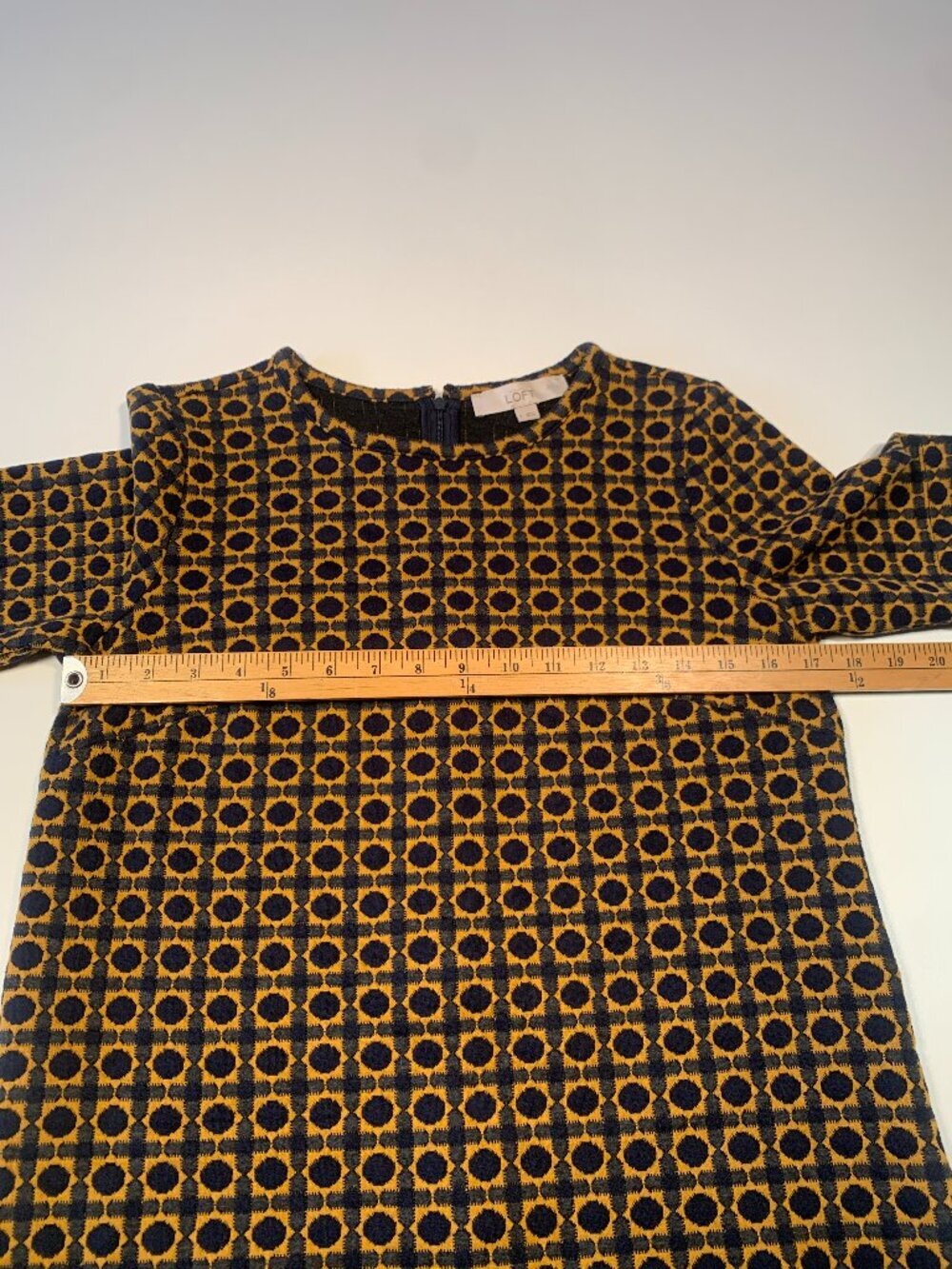 LOFT Geometric Print Shift Dress Mustard Navy Short Sleeve Small Boho Retro - Picture 4 of 10